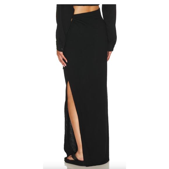 RUMER Black Ruched Maxi Skirt MEDIUM High Side Slits Hip Cutout Linen $229 NEW - Picture 4 of 10